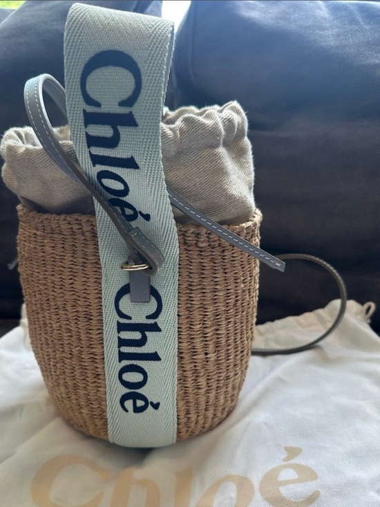 Chloe Handbags - Chloe small Natural Straw Bucket Bag with Light Blue Logo Strap